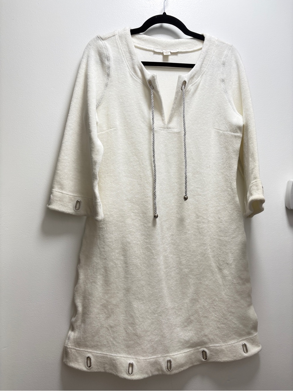 Boston Proper Cream Drawstring Tunic Midi Dress- fleece terry sneaker sport